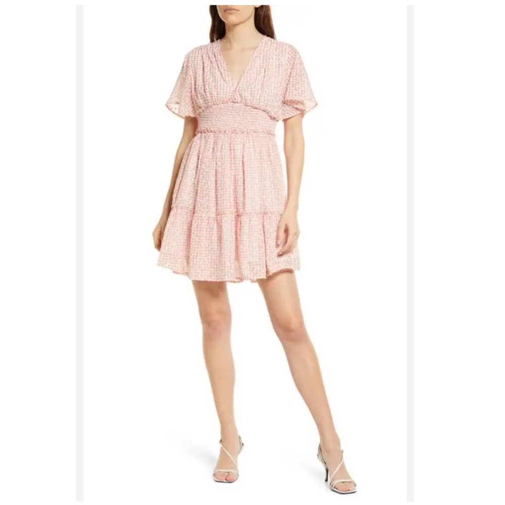 En Saison‎ Caldera shirred minidress in coral-pink gingham print